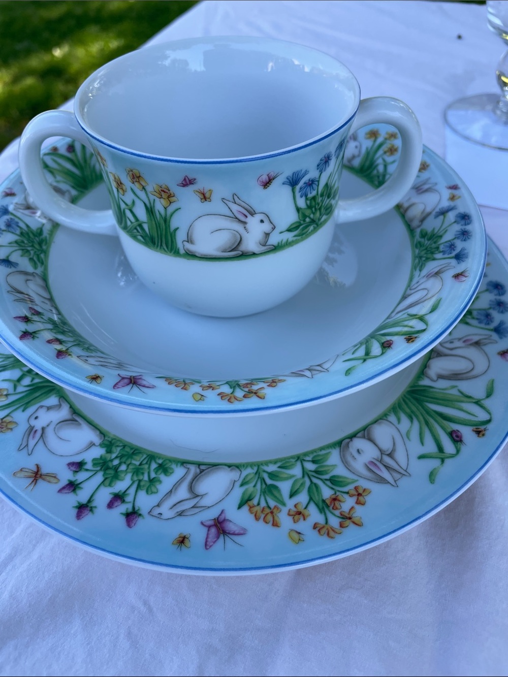Tiffany & Co. White Bunny Floral Nursery Tea Set with Blue Trim